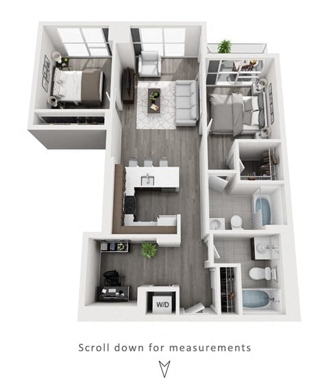 Floor plan for 2 beds, 2 baths, 960 sqft
